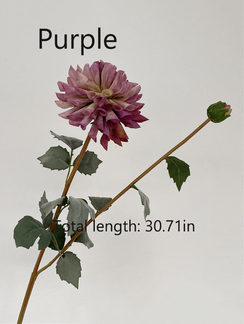 May include: A single stem of artificial purple dahlia with green leaves and a bud. The stem is approximately 30.71 inches long.  Purple.