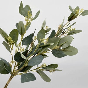 Eucalyptus Leaves with Buds Bunch Artificial, Fake Plant Craft with Seed, Bouquet Grass Filler, Home Floral Decor, Wedding Party Arrangement