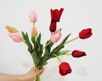 Faux Tulip Bouquet with Bud, Real Touch Petal Craft, Artificial Flower, Home Floral Decor, Wedding Party Bloom Arrangement Table Centerpiece