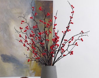 Quality Berry with Long Stem, Artificial Holly Twig, Small Fruit Branch Decor, Living Room Floral, Wedding Arrangement, Lounge Vase Filler