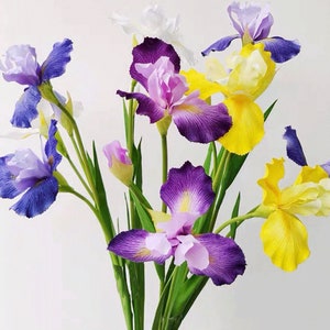 May include: A bouquet of artificial iris flowers in shades of purple, blue, yellow, and white. The flowers have delicate petals and are arranged in a vase.