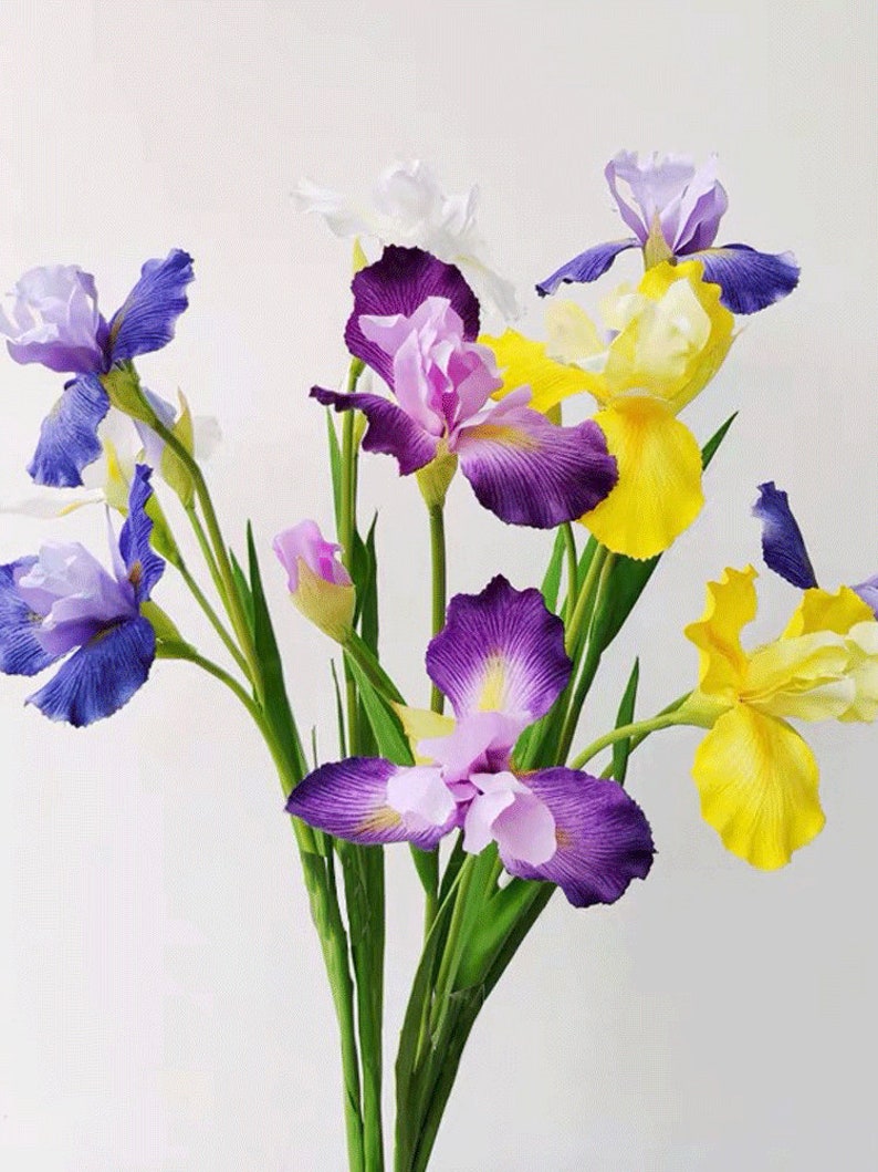 May include: A bouquet of artificial iris flowers in shades of purple, blue, yellow, and white. The flowers have delicate petals and are arranged in a vase.