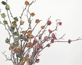 Tallo de flor de linterna de aspecto seco, rama muerta artificial con fruta, decoración de ramitas retro, arreglo floral para el hogar, centro de mesa de fiesta rústico