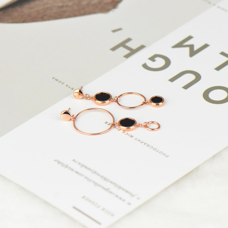 Birthday Gifts Asymmetric Earrings 3 Circles Earrings Three Hoop Drop Earrings Fashion Earrings Black Onyx Circles Silver Earrings