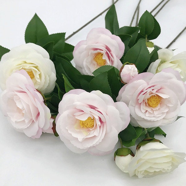 Camélia artificiel avec bourgeon, tige de fleur rustique, décoration florale de fête, ornement de pulvérisation intérieure, plante de table à manger, centre de table de mariage