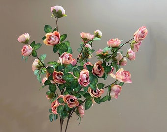 Realistic Camellia Spray with Foliage, Artificial Rosa Bud Branch, Quality Small Rose Stem, Rustic Flower Decor, Living Room Floral Ornament