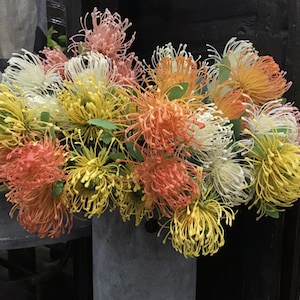 Artificial Pin Cushion Protea, Fake Leucospermum Flower with Foliage, Rustic Wildflower Decor, Tropical Floral Craft, Wedding Bouquet Filler