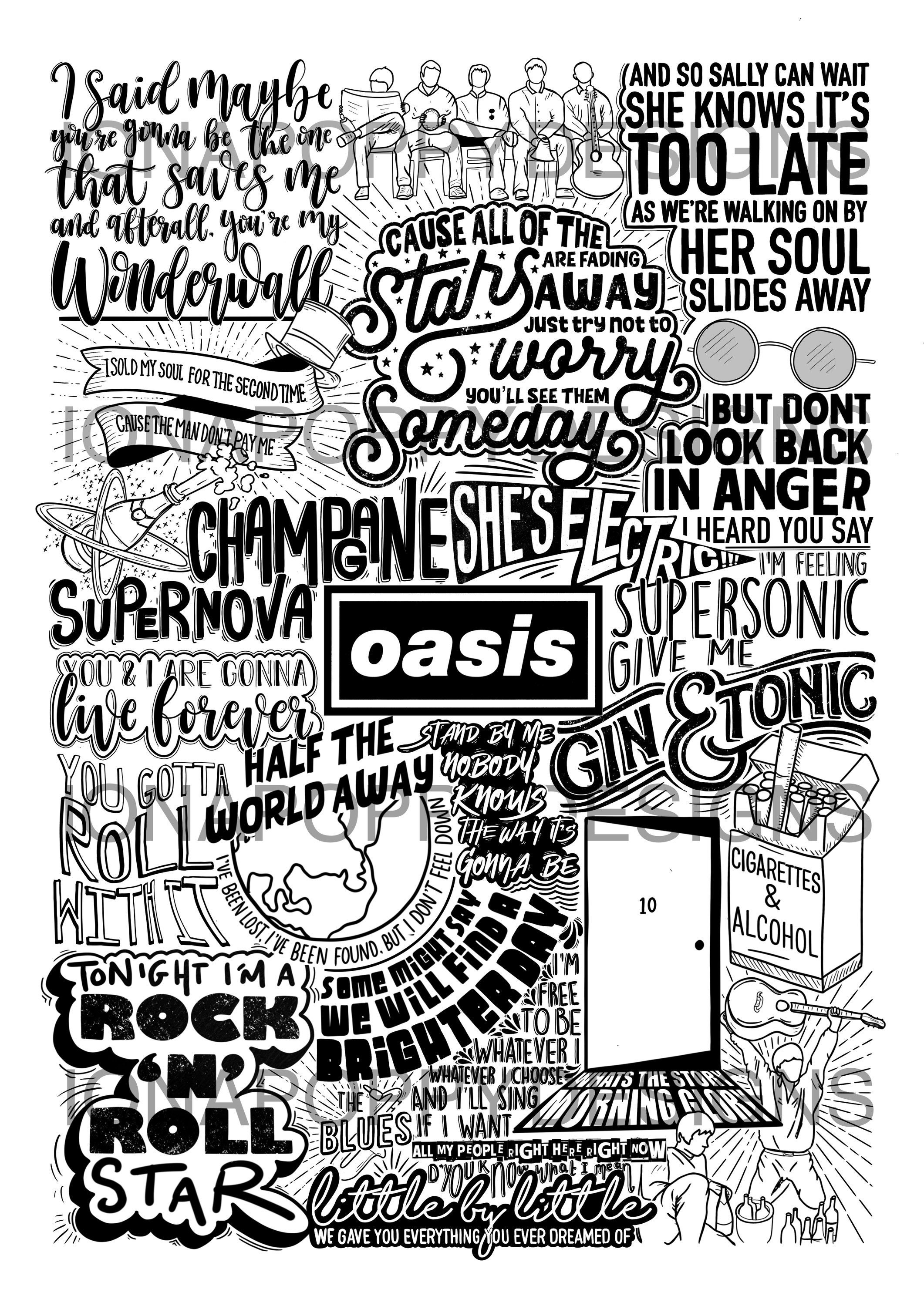 Oasis Lyric Print Greatest Hits Doodle Fan Poster Art sold by