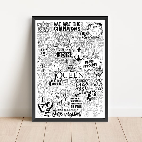 Queen Lyric Print - Greatest Hits | Doodle Fan Poster Art | Music Lover Gift