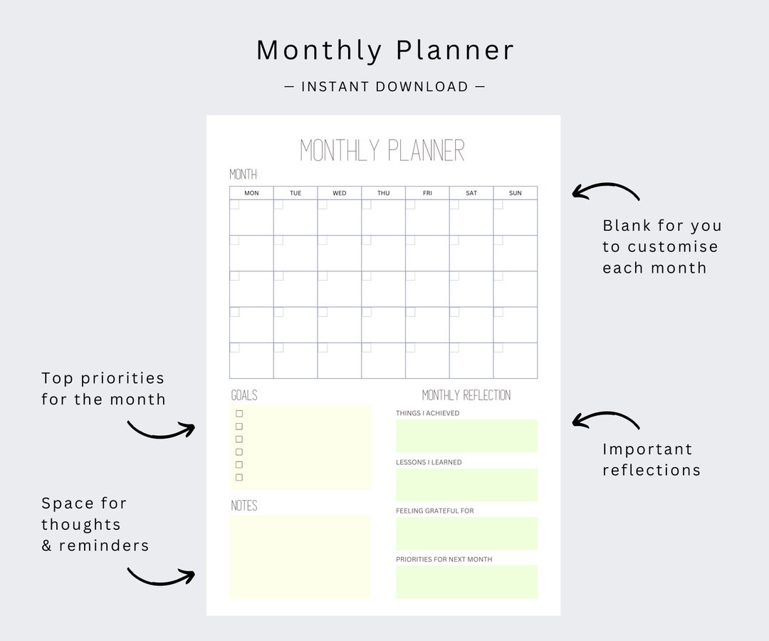 Monthly Planner, Downloadable Printable Organiser for Planning Month ...