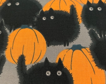 1/2 Yard Belinda&#39;s Big Kitty - Haunted House | Black Cats | Pumpkins | Gray | OOP | 100% Cotton Quilting Fabric by Alexander Henry