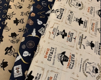 1/2 Yard WANTED | Posters | Wild west | Skeleton Faces | Horseshoes | Brewskis | Craft Beer | 100% Cotton Quilting Fabric by Dear Stella