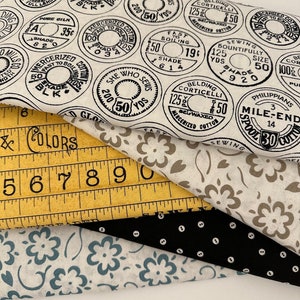 1/2 Yard She Who Sews by J Wecker Frisch | Flowers | Black White | Spools | Buttons | 100% Cotton Quilting Fabric for Riley Blake