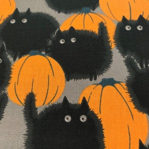 1/2 Yard Belinda's Big Kitty - Haunted House | Black Cats | Pumpkins | Gray | OOP | Rare | 100% Cotton Quilting Fabric by Alexander Henry
