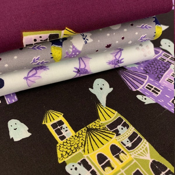 4 Piece Bring Your Own Boos Fat Quarter Bundle | Ghost Hosts | Halloween | Bats | Cats | 100% Cotton Quilting Fabric by Cotton + Steel