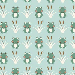 May include: A repeating pattern of green frogs with white bellies and large eyes, interspersed with beige cattails, set against a light blue background. The design is whimsical and suitable for children's products.