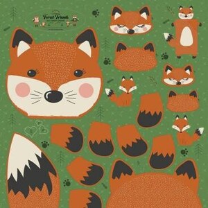 May include: A printable craft pattern for a fox, featuring a green background with brown and black fox pieces. The pattern includes the text "Forest Friends" and a small illustration of three foxes.