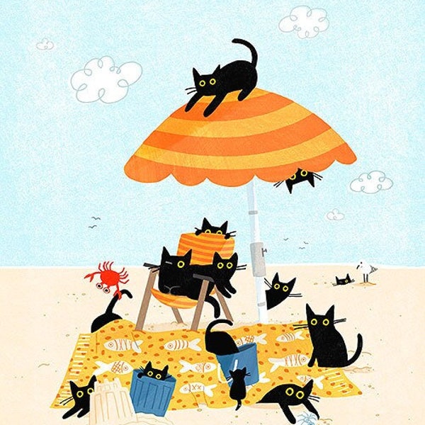 Cats On The Beach Panel | Sandy Paws | 100% Cotton Quilting Fabric By Dear Stella