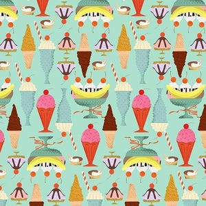 May include: A repeating pattern of ice cream treats on a light blue background. The design includes pink ice cream sundaes, chocolate and waffle cones, banana splits, and candy canes. The illustrations are in a retro style.