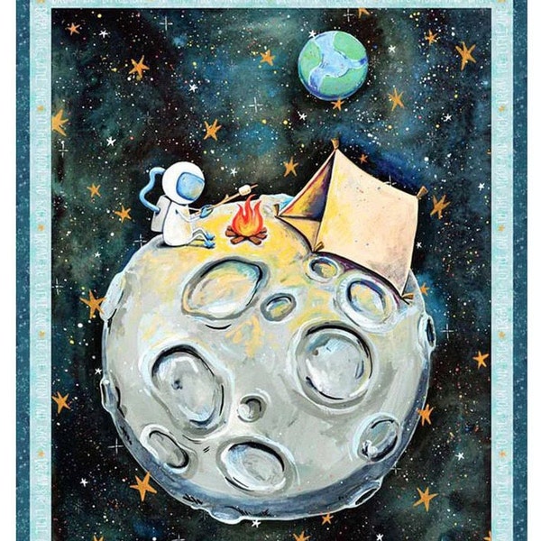 To The Moon Panel by Rachel Nieman | Design# 05198 | Astronaut | Camping | Tent | 100% Cotton Quilting Fabric for P&B Textiles