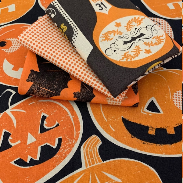 4 Piece Spooktacular Fat Quarter Bundle | Halloween |  Pumpkins | Witches Brew | Bats | Dots | 100% Cotton Quilting Fabric by Free Spirit