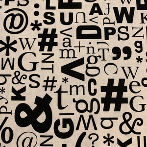 1/2 Yard Type Cast Symbols Letters Black & White 100% Cotton Quilting ...