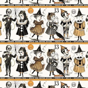 May include: A repeating pattern featuring vintage Halloween illustrations. The design includes figures dressed as a skeleton, a witch, a cat, and a clown. The text includes "Costume Maker's Ball", "Spells and Fortune Sewing", and "Halloween Night".