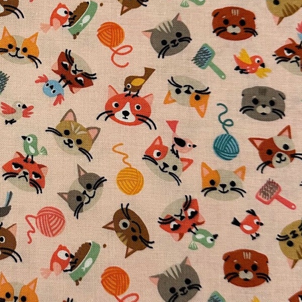 1/2 Yard Cat's Meow by Shawn Wallace | Cute Cats | Birds | Cat Toys | Pink | Pattern C11631 | 100% Cotton Quilting Fabric for Riley Blake