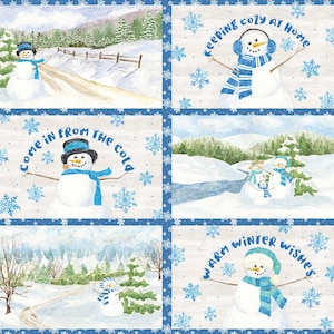 May include: A six-panel winter-themed artwork featuring snowmen and snowy landscapes. Each panel depicts a snowman with a blue scarf and hat, accompanied by phrases like "Keeping Cozy at Home" and "Warm Winter Wishes." The artwork is framed with a blue snowflake pattern.