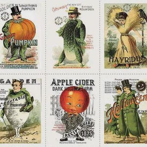 May include: A collection of vintage-style seed packet illustrations featuring anthropomorphic vegetables and fruits. Each packet showcases a different produce item, such as a pumpkin, apple, and onion, with accompanying text and imagery.