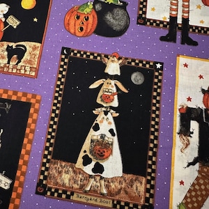 May include: A purple fabric with a white polka dot pattern features various Halloween-themed illustrations. One illustration shows a cow dressed as a ghost holding a jack-o-lantern. The text "Barnyard Boo!" is below the illustration.
