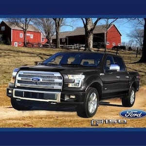 May include: A black Ford F-150 pickup truck with a silver grille and chrome accents. The truck is parked on a dirt road in front of red barns and trees. The Ford logo and F150 are visible.