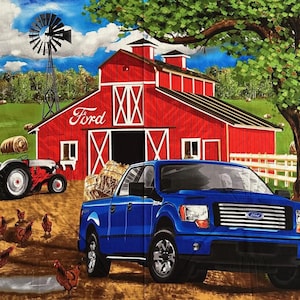 May include: A colorful illustration depicts a rural farm scene. A bright red barn with the Ford logo is in the background, with a blue Ford truck in the foreground. A red tractor, chickens, and a windmill complete the farm theme.