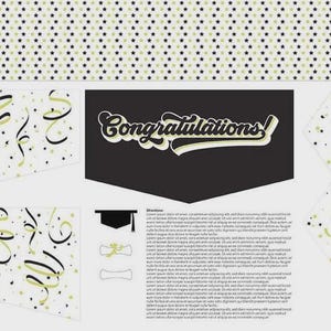 May include: A graduation-themed design featuring a banner with a star pattern, confetti, and the word "Congratulations!" in a stylized font. The design includes a graduation cap and scroll illustrations, with decorative ribbons.