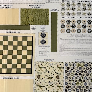 May include: Instructions for making a checkerboard game with a drawstring bag. The instructions include a list of supplies, cutting and sewing instructions for the checkerboard, checkers, and drawstring bag. The image also shows the fabric patterns for the checkerboard, checkers, and drawstring bag.