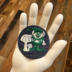 Mushroom Elf | Vintage Fabric Patch | Embroidered | Sew-On | Denim