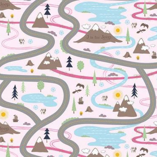 1 Yard J is for Jeep Road Panel | Explorer | Pink | Canvas | Pattern VP 6466 | OOP | 100 % Cotton Fabric by Riley Blake