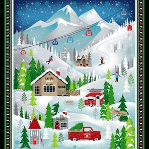 May include: A winter wonderland scene with a cozy lodge, a ski lift, and a red truck carrying a Christmas tree. The scene is set against a backdrop of snow-capped mountains and a starry night sky.