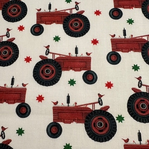 1/2 Yard Winter At The Farm - Tractor Joy | Birds | Stars | 100% Cotton Quilting Fabric by Dianna Swartz for Benartex