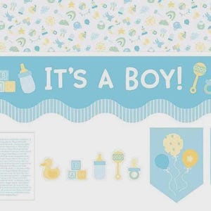 May include: A baby shower banner with the text "IT'S A BOY!" in white letters on a light blue background. The banner includes illustrations of baby items like a bottle, rattle, and blocks. Additional decorative elements include pennant flags with balloons.