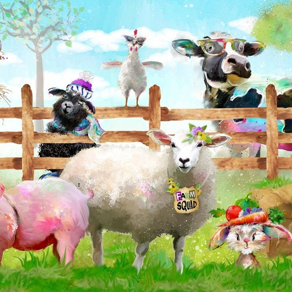 Welcome To The Funny Farm - Farm Squad Panel |  Watercolor | Animals | 100% Cotton Quilting Fabric by Connie Haley for 3Wishes