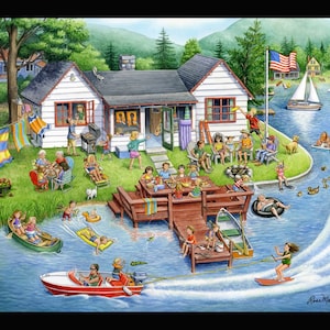 Lake House Panel by Rose Mary Berlin | Summertime at the lake | Beach House | 100% Cotton Quilting Fabric for Marshall Dry Goods