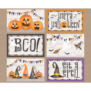 May include: Six Halloween themed printable cards with a rustic wood background. The cards feature pumpkins, ghosts, witches hats, and the text "Happy Halloween", "Boo!" , "Sit a Spell".