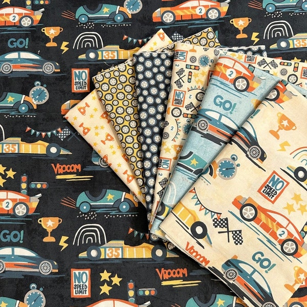 7 Piece Vroom! Fat Quarter Bundle | Race Cars | Wheels | Trophies | 100% Cotton Quilting Fabric by Michael Miller