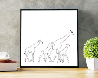 Line Drawing Digital Artwork - Mother Giraffe with her young - Multiple Sizes Included - Hand Drawn Print