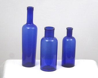3 vintage French pharmacy bottles blue - home decor, kitchen decor