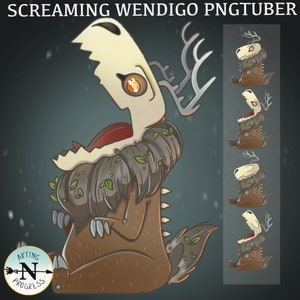 Op de afbeelding: Een cartoonillustratie van een Wendigo, een mythisch wezen uit de Indiaanse folklore, met een grote, open mond, geweien en een lichaam bedekt met bladeren. De Wendigo is zittend afgebeeld tegen een besneeuwde achtergrond.