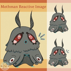 Op de afbeelding: Illustratie van een grijze, op Mothman lijkende creatuur met grote rode ogen en een kleine blauwe ruit op de borst. De afbeelding bevat de tekst "Mothman Reactive Image" en een klein logo linksonder.