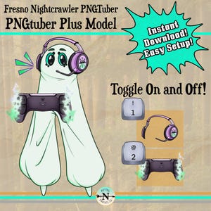 Op de afbeelding: Illustratie van een Fresno Nightcrawler PNGTuber Plus Model. Het personage is wit met een headset en controller. Tekst bevat "Direct downloaden! Eenvoudige installatie!" en "Aan en uit schakelen!"