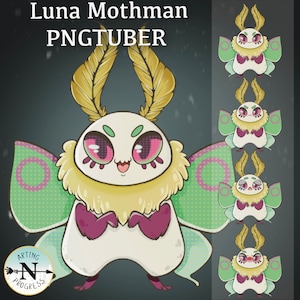 Puede incluir: Ilustración digital de un personaje de dibujos animados Luna Mothman con grandes ojos rosados, alas verdes y rosas y un cuello de plumas amarillas. El texto "Luna Mothman PNGTUBER" está en la parte superior. Un logotipo de "Arting N Progress" está en la esquina inferior izquierda.